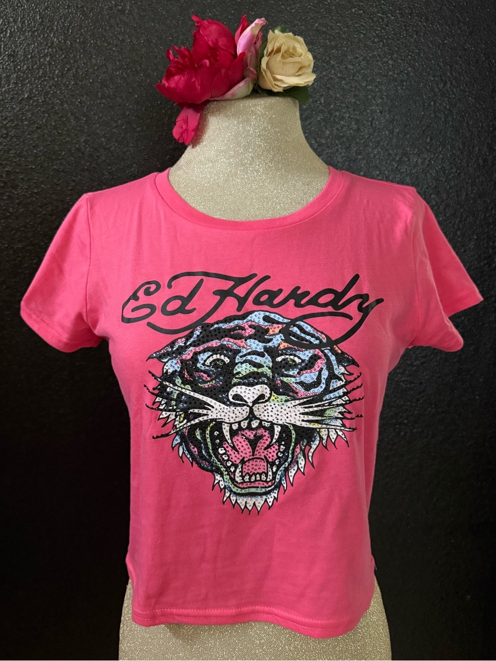 Ed Hardy Hot Pink Short Sleeve Tee with Tiger Graphic